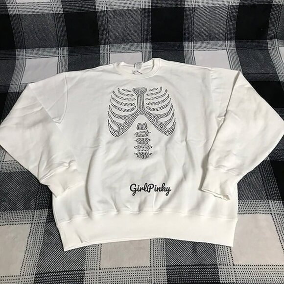 VS PINK BLING HALLOWEEN SWEATSHIRT WHITE & BLACK SKELETON RHINESTONE SIZE SMALL - Picture 2 of 9